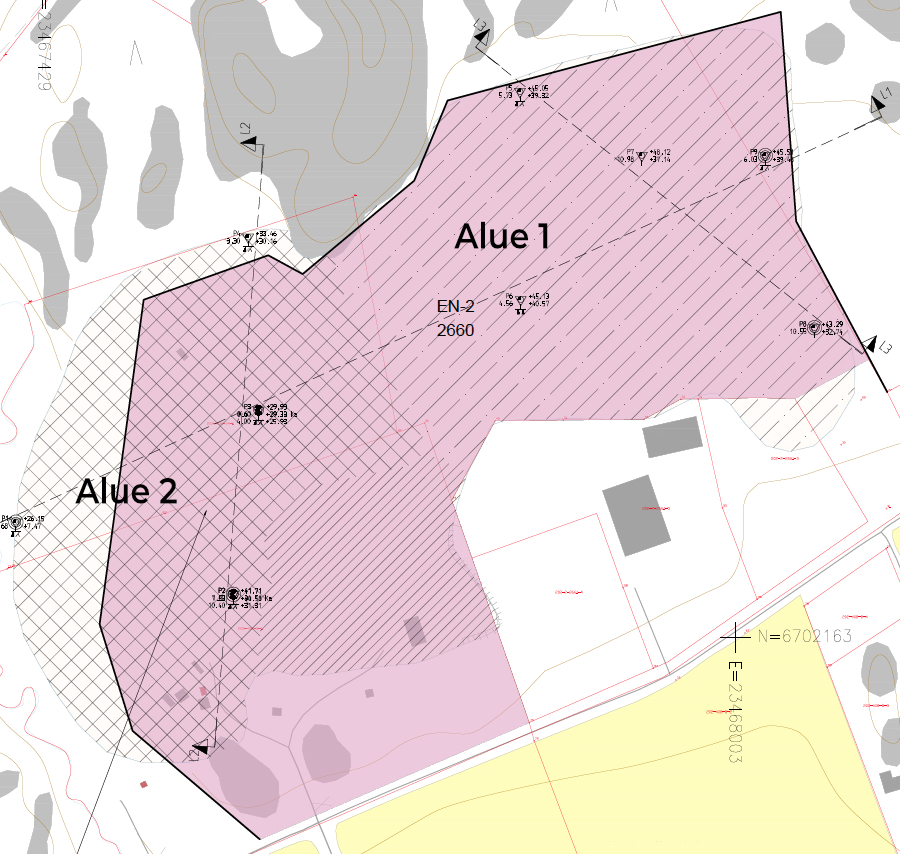 Krossin aurinkopuisto: alue 1 ja 2 kartalla